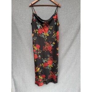 Sara Michelle Cowlneck Satin Slip Dress Sz Large Dark Romantic Red Rose Floral